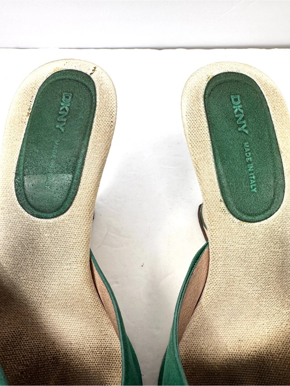 DKNY green suede peep toe wedges, made in Italy, size 8.5